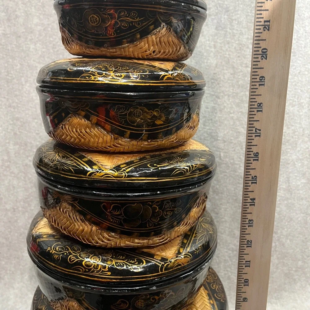 Vintage Hand Painted Black and‎ Gold Lacquer Woven Straw Asian Nesting Boxes Set